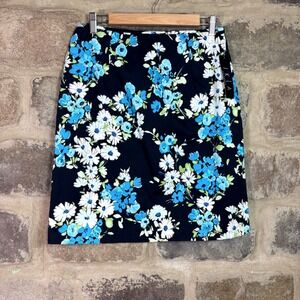 JKLA California Floral Cotton Sateen Pencil Skirt Black Blue White‎ Size 12 NWT